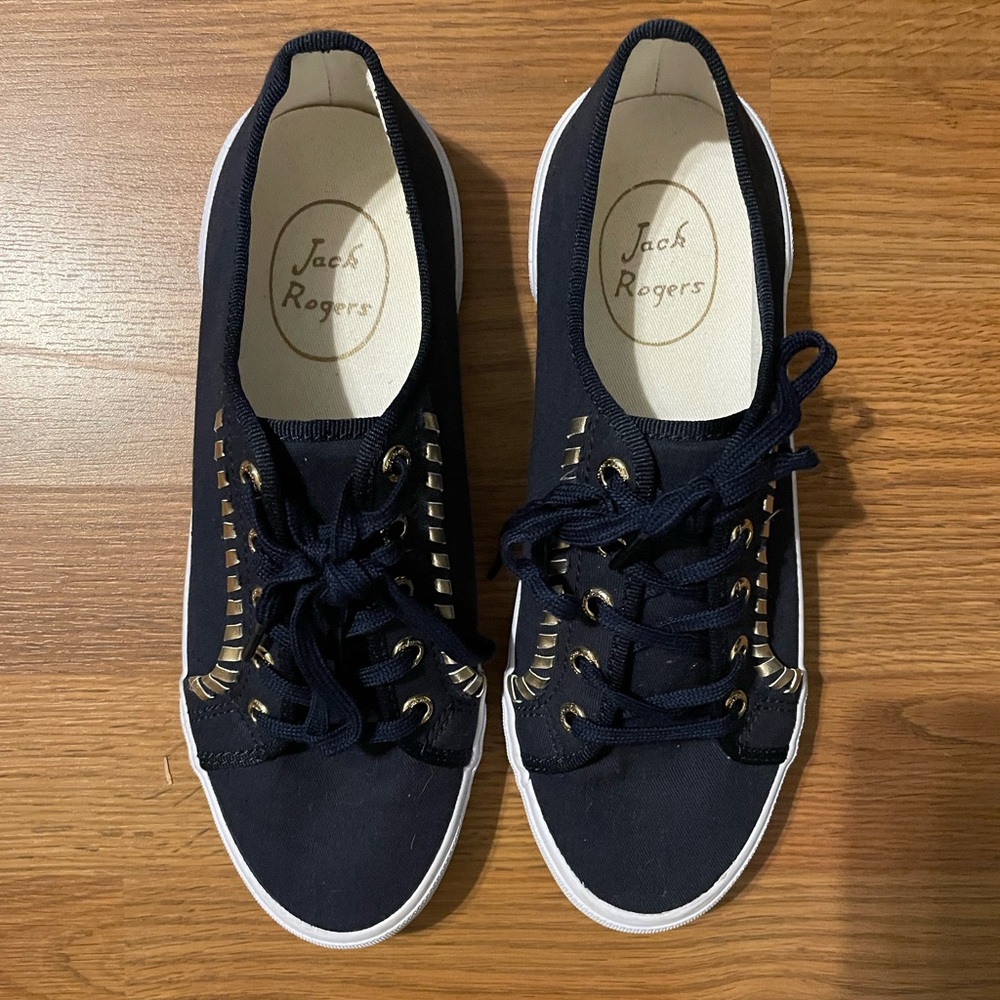 Jack Rogers CARTER Lace Up Sneakers Navy Midnight Blue Gold Shoes Size 7